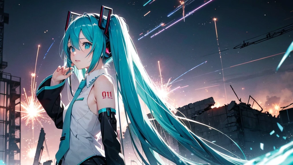 Hatsune Miku、With falling sparks on the background of a ruined city、Heavy metal style cover image。