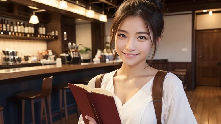 Produce the highest quality and highest resolution 8K images。Please draw the upper body of a 20 year old Japanese woman.。Please draw an image of someone reading a book in a stylish coffee shop.。She has brown eyes and a model-like figure、She has an idol-level cute face.。Her hair is in a bun.。The skin is、A healthy skin tone。she、I'm smiling at the camera。