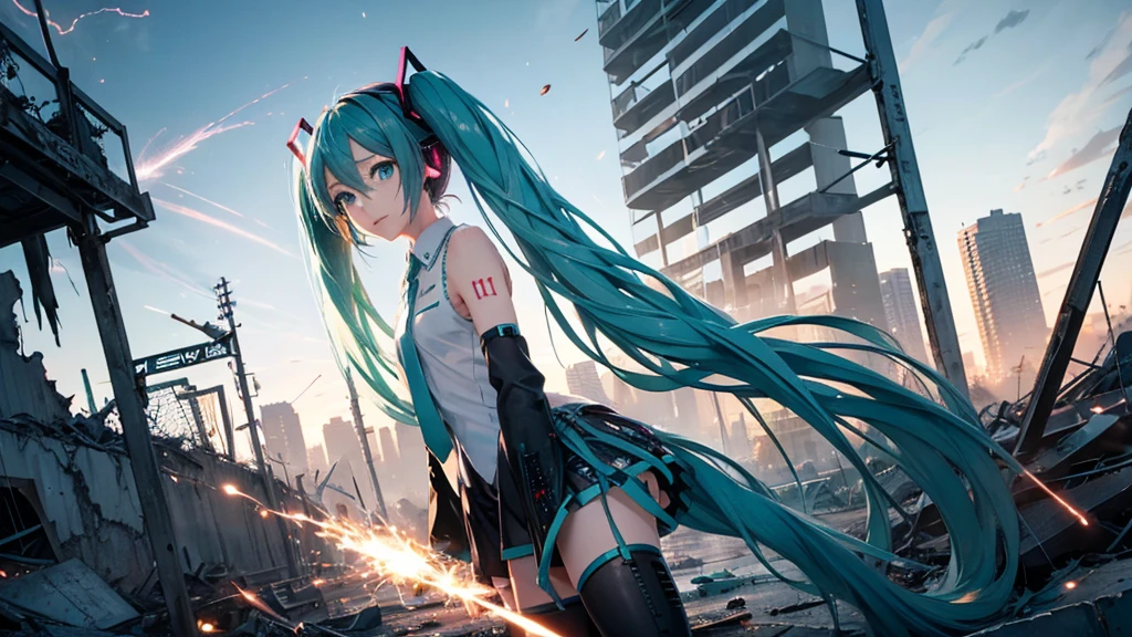 Hatsune Miku、With falling sparks on the background of a ruined city、Heavy metal style cover image。