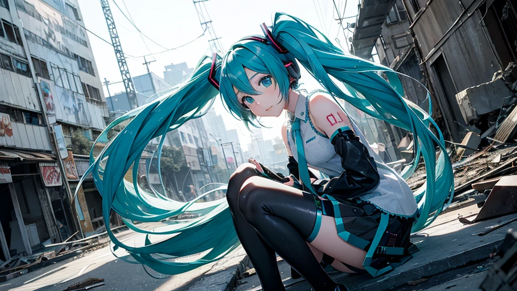 Hatsune Miku、With falling sparks on the background of a ruined city、Heavy metal style cover image。