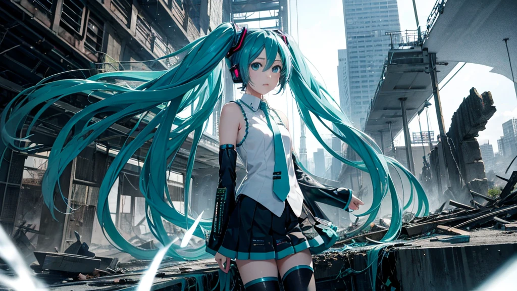 Hatsune Miku、With falling sparks on the background of a ruined city、Heavy metal style cover image。