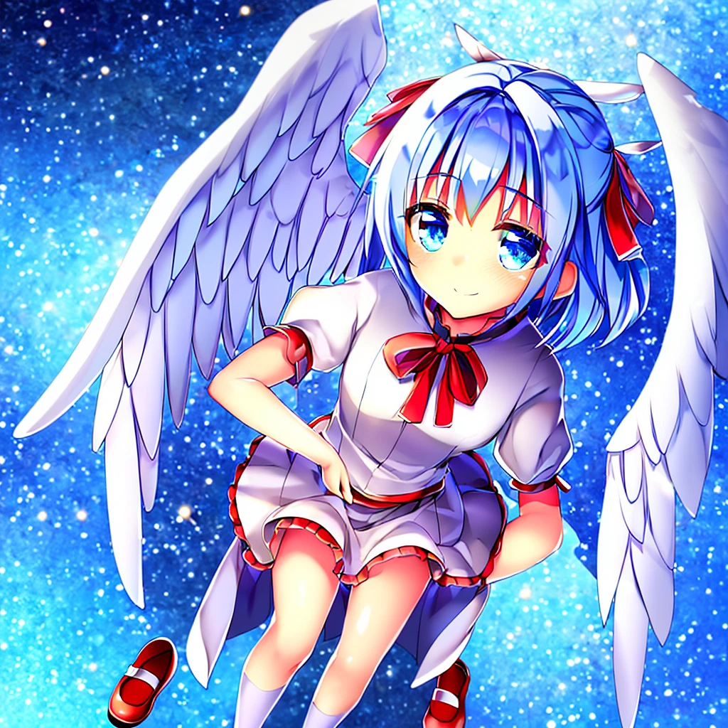 (best quality,4k,8k,highres,masterpiece:1.2), ultra-detailed, highly detailed texture, intricate details, high quality textures, A cute teenage angel with blue eyes, drawn in anime style, 1girl, , , 10 years old, medium blue hair, hair flaps, pink ribbon on head, well-formed face, blue eyes, angel girl, white blouse, puffy short sleeves, red ribbon, angel wings, long white skirt, red shoes, frills, ribbon head, A pair of angel wings on the back