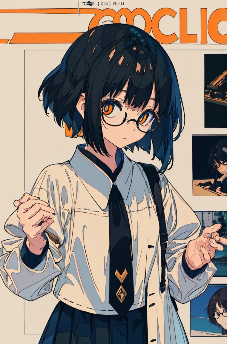 A masterpiece，Black hair，Orange pupils，Font，poster，jump，short hair，Hair Bunch，Glasses，Dress fashionably，Standing picture，laid back，best quality, Illustration style，Large aperture portrait， Anime Girl, beautiful eyes, summer,, small, Heartwarming, Youthful and beautiful,,Regular Clothes，Black and white,, showing a natural casual style. Dynamic posture contains the golden ratio, China, White space, Strong contrast between light and shadow, Super texture, Super clear and concise pictures, presenting extremely beautiful,subtle facial expressions