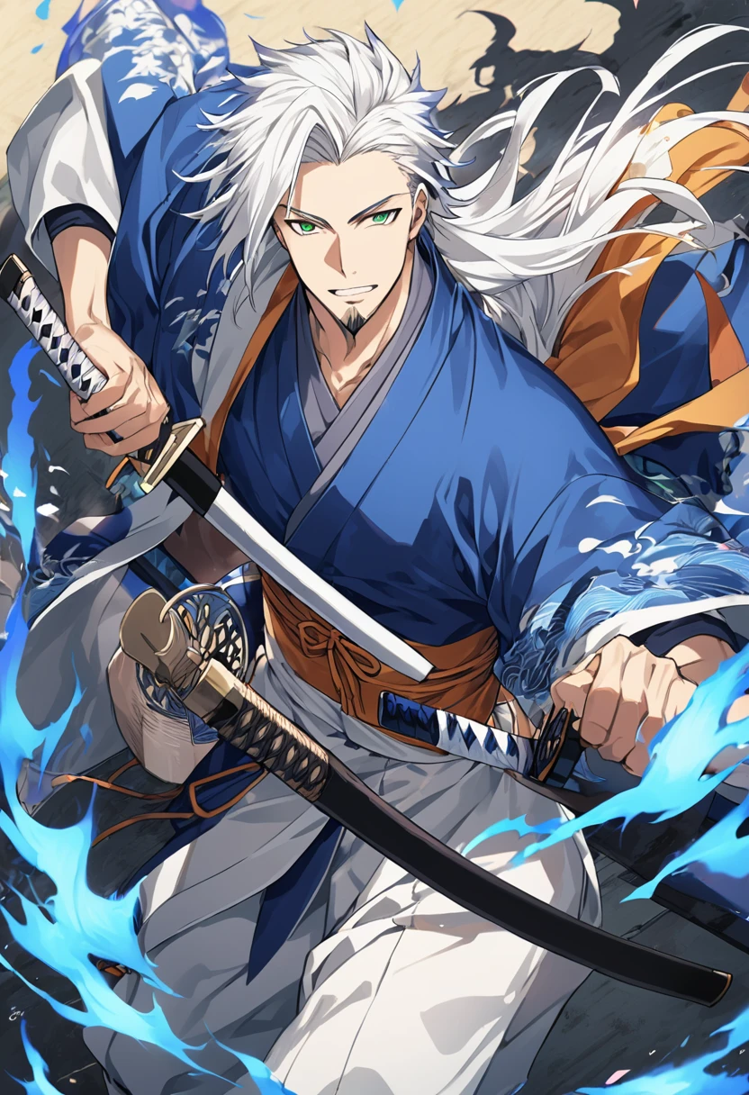 1 young boy, male focus,  details Intricate, 1 men, bonitas, White hair, vibrant green eyes, slim muscles, アニメ, 19yearsold, 19 years, a small goatee, kimono de Shinigami, Shinigami, bleach style, bleach, regatta, kimono, bleach, bleach style, katana ( uma katana afiada e longa coberta por Blue flames) , blue flames, Blue flames, katana longa, powerful katana (attacking enemies with your katana making cuts with your flames).
