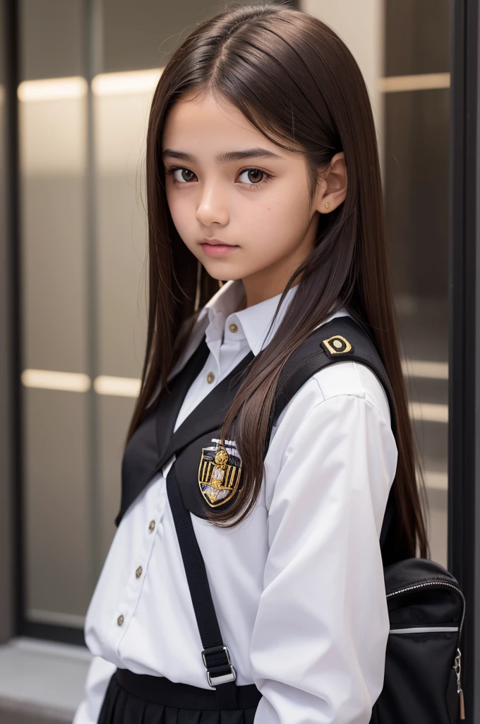 Young girl, , brown skin, straight brown hair and brown eyes, wore a black uniform, it&#39;s dirty with paint