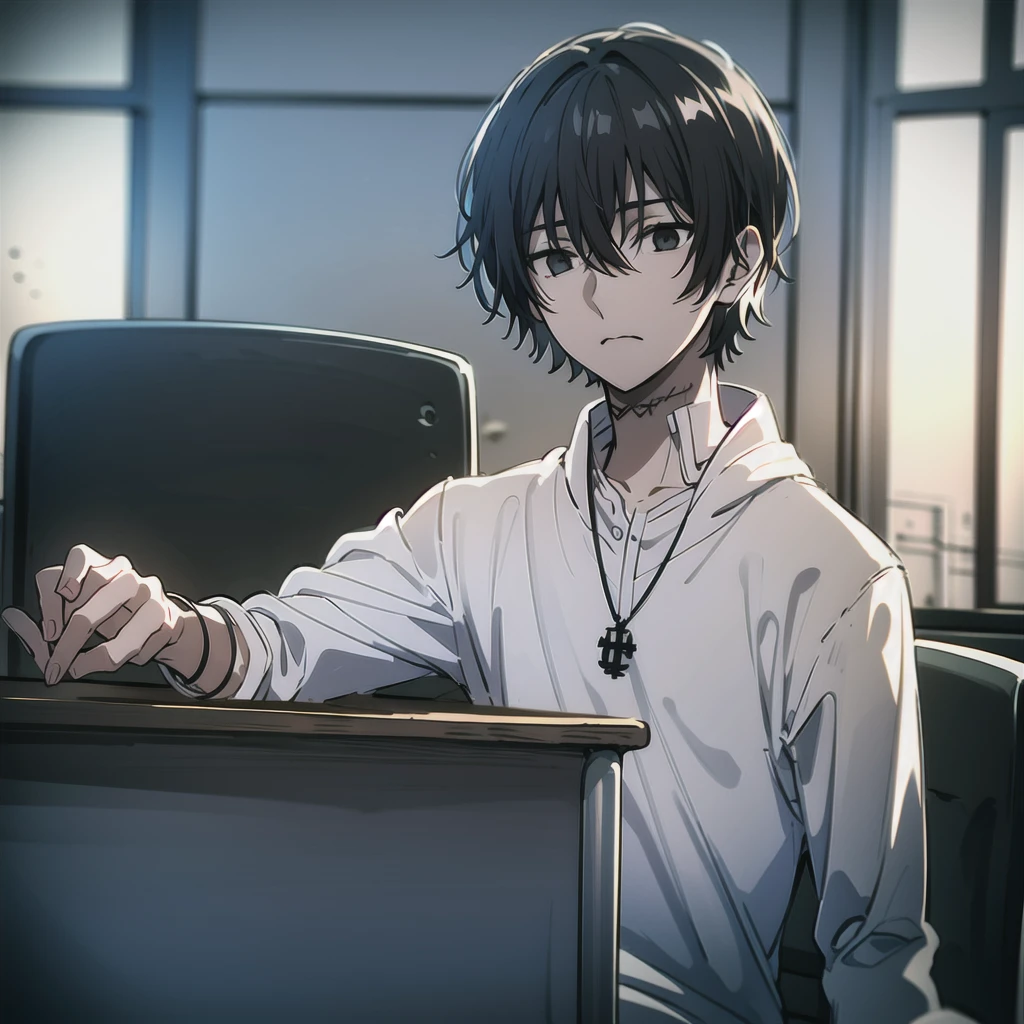 ((best quality)), ((masterpiece)), (detailed), 1boy, high , bored look, blank look, disinterested look, resting on desk, school chair, empty classroom, black hair, black eyes, sketch, alone, short hair. half body, face, gloomy, dark eyes, illustration, solo.