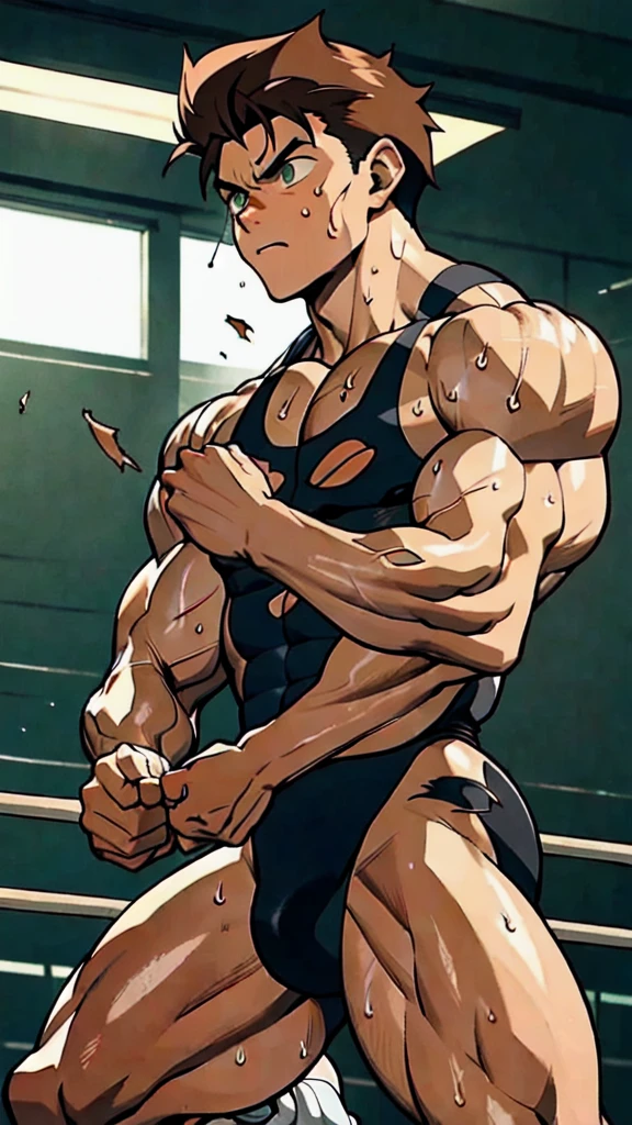  Young man, cute, handsome, youthful, determined, driven, focused, passionate,  bashful, 19-year-old, (combed parted brown hair), (glossy tan skin), (big tired green eyes), (wrestler), ripped, shredded, (torn (black) (wrestling singlet) ), (sneakers), well-trained muscles, strong, powerful muscles, sweating, sweaty, exhausted, intense gaze, icy stare, fighting stance, alone in a training gym, atmospheric, masterpiece, (90s anime)