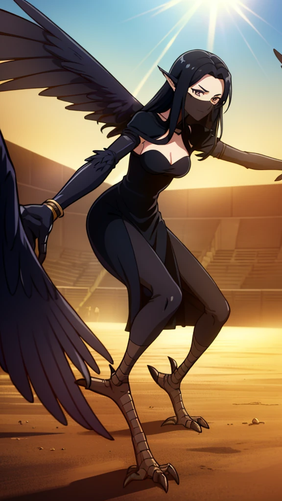 ((1woman,mature female,40s)),sensual,black dress,black hair,pointy ears,harpy,wings,no arms,(black mouth veil),((in a arena of battle,sunlight)),dancing,dynamic angle, close up