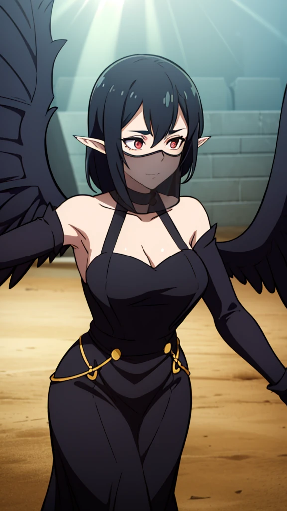 ((1woman,mature female,40s)),sensual,black dress,black hair,pointy ears,harpy,wings,no arms,(black mouth veil),((in a arena of battle,sunlight)),dancing,dynamic angle, close up