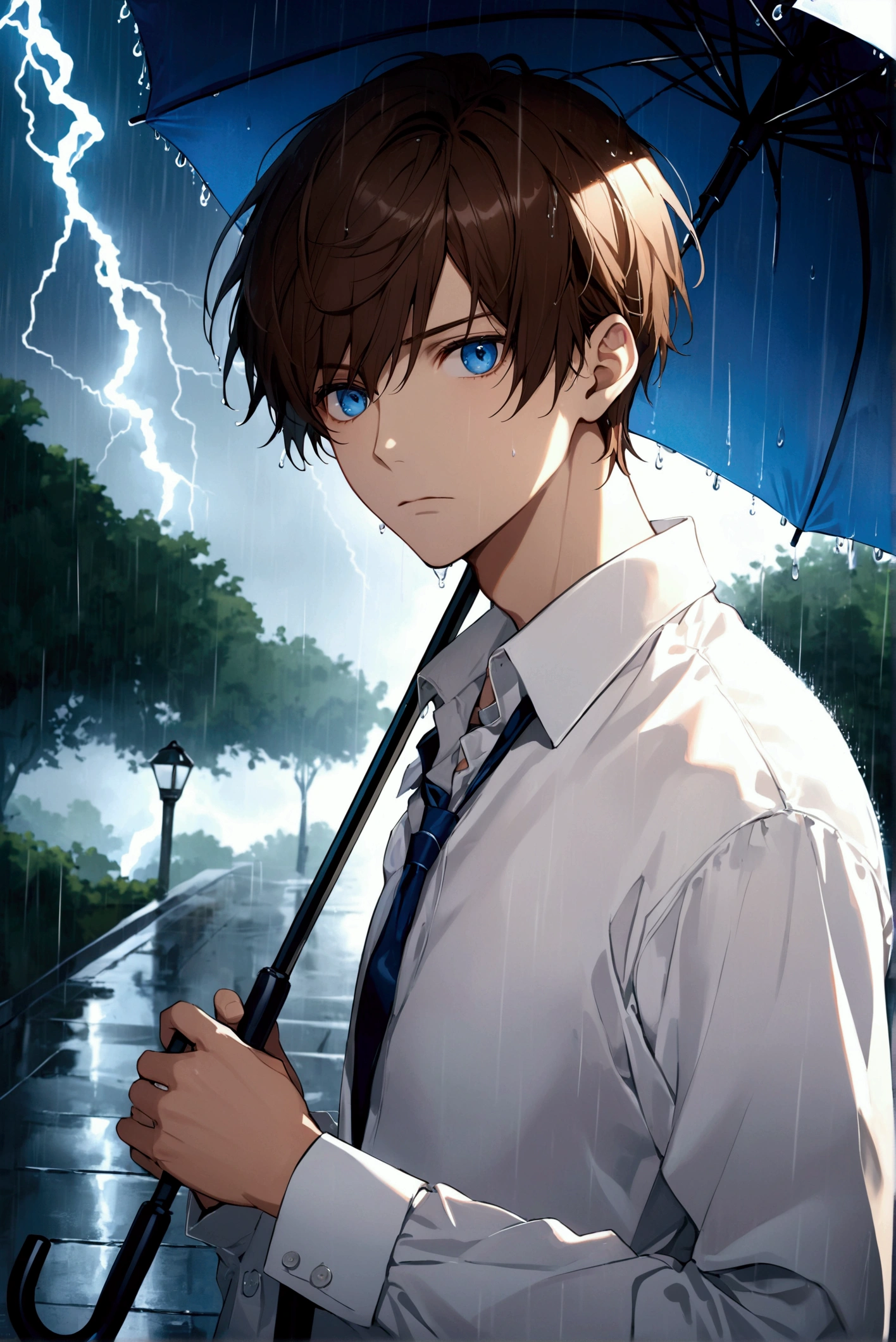 exquisite face,Young man ,short brown hair,Blue eyes ,black shirt, umbrella, rain, lightning, looking directly