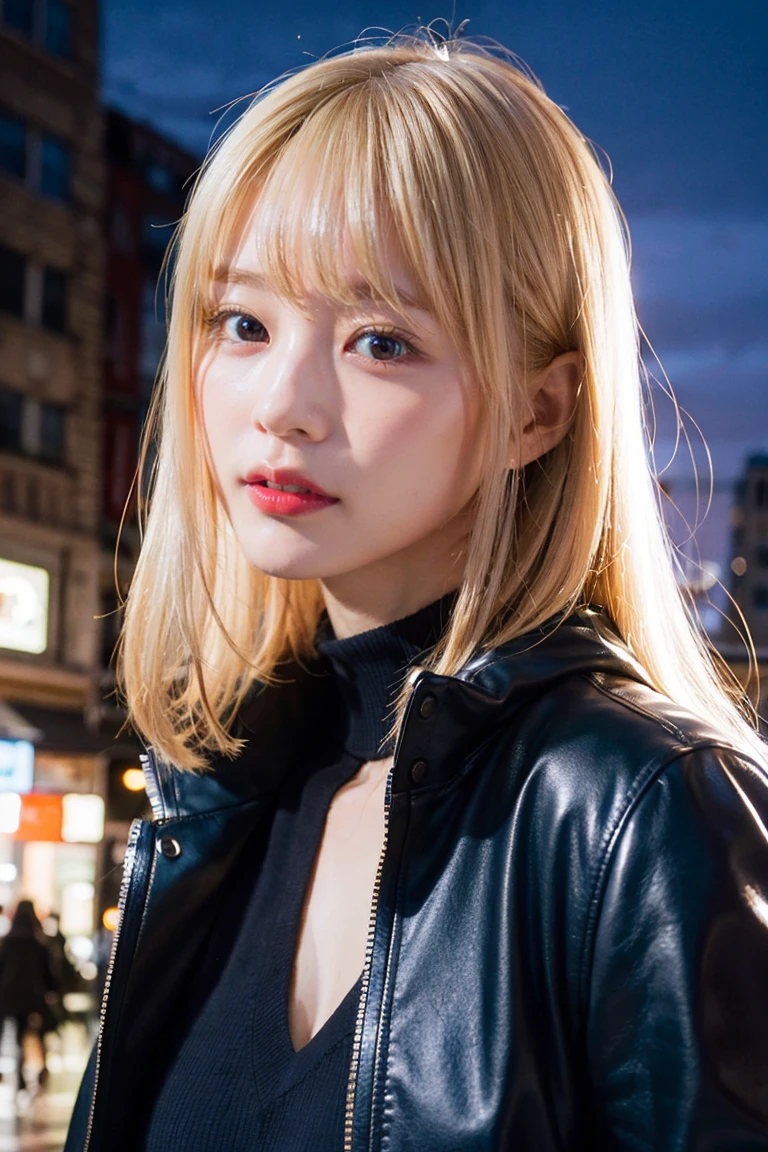 (Highest quality, 8K quality, masterpiece:1.3), (Ultra-high resolution, Photorealistic:1.4, RAW Photos), (Very detailed, Caustics, Detailed Background), (Ultra-Realistic Capture, Beautiful and detailed skin, Perfect Anatomy), whole body, City buildings at night, Bright and very beautiful face, Younger, brighter, whiter skin, Best Looks, The most beautiful light blonde hair in the world, Thin Hair, Super long, silky straight hair, Shiny beautiful bangs, Shining, clear, big blue eyes, A very beautiful and adorable 16 year old, The most beautiful girls in the world, fashionable winter coats。She walked among the city's buildings、The neon lights illuminate her beautifully.。whole bodyの画像