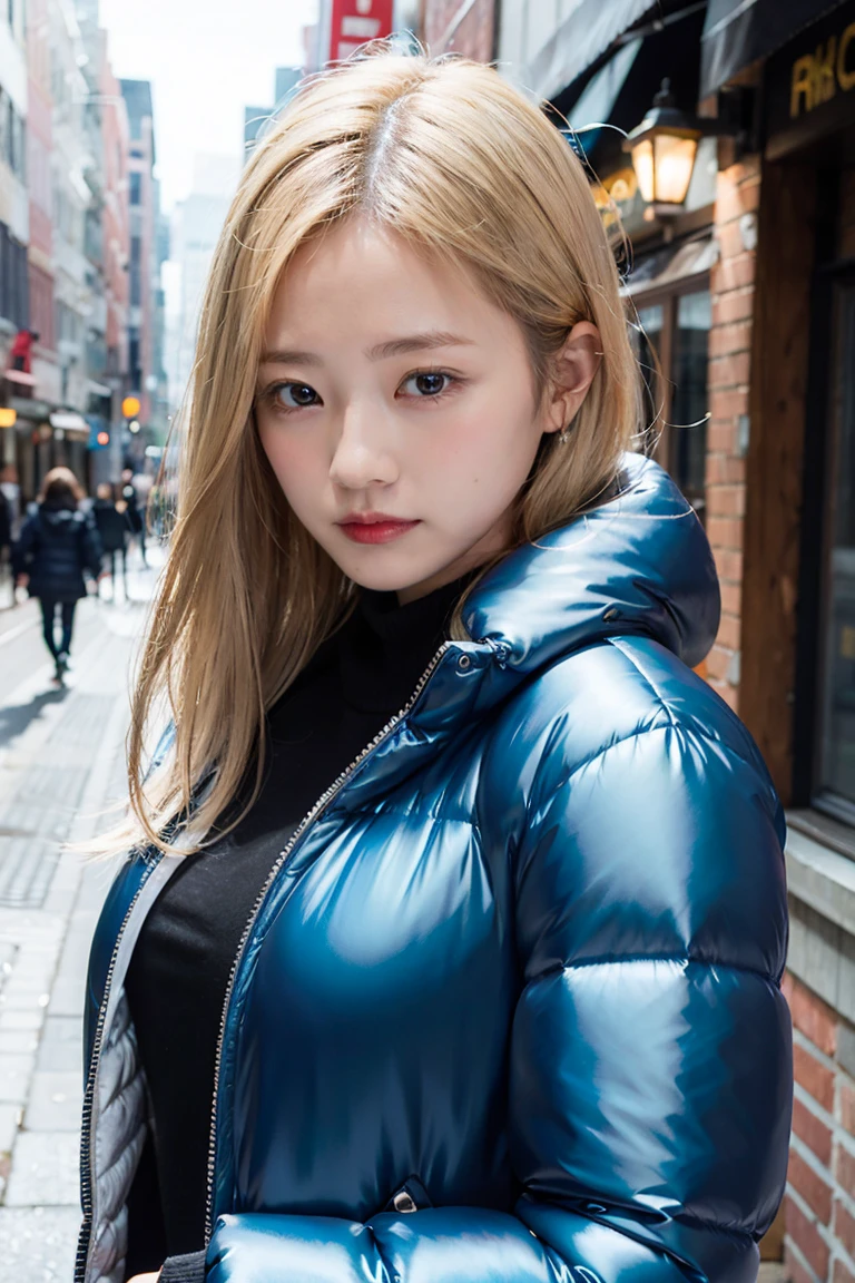 (Highest quality, 8K quality, masterpiece:1.3), (Ultra-high resolution, Photorealistic:1.4, RAW Photos), (Very detailed, Caustics, Detailed Background), (Ultra-Realistic Capture, Beautiful and detailed skin, Perfect Anatomy), whole body, City buildings at night, Bright and very beautiful face, Younger, brighter, whiter skin, Best Looks, The most beautiful light blonde hair in the world, Thin Hair, Super long, silky straight hair, Shiny beautiful bangs, Shining, clear, big blue eyes, A very beautiful and adorable 16 year old, The most beautiful girls in the world, fashionable winter coats。She walked among the city&#39;s buildings、The neon lights illuminate her beautifully.。whole bodyの画像