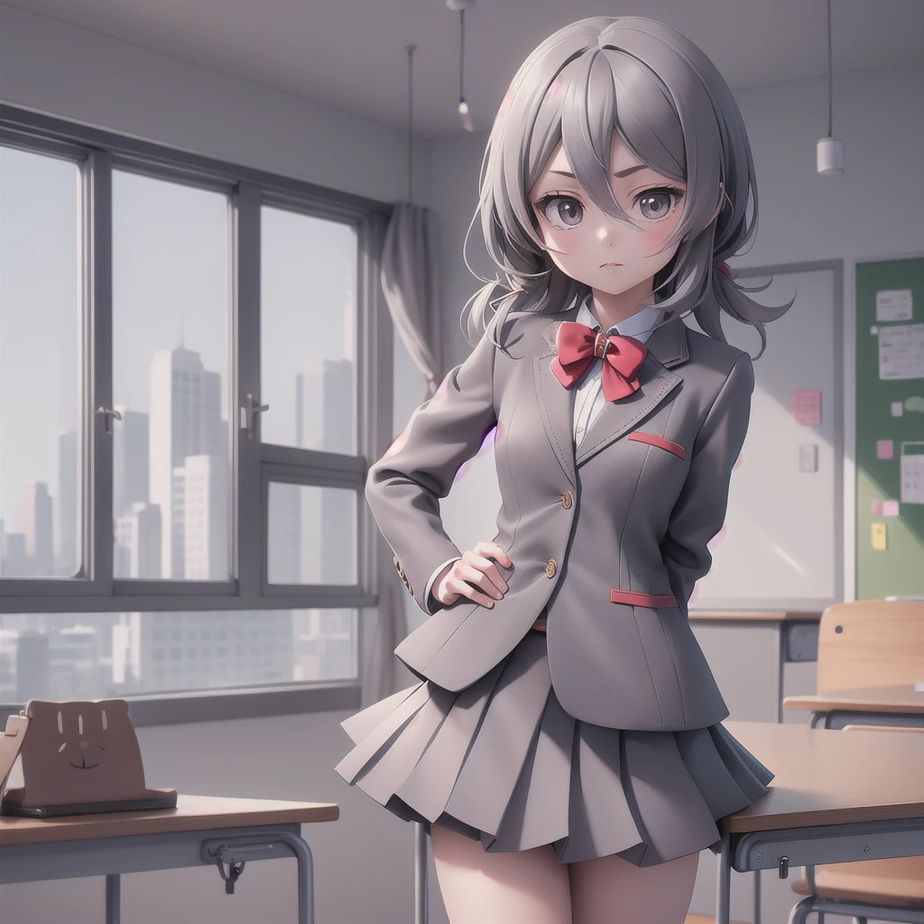 masterpiece, Highest quality, Cutchikirkia, bow tie, Grey blazer, Grey Skirt, School, classroom, Cowboy Shot, View your viewers,