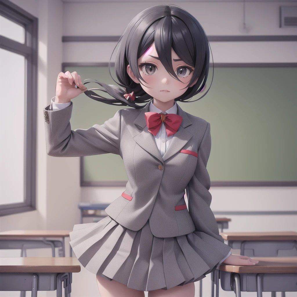 masterpiece, Highest quality, Cutchikirkia, bow tie, Grey blazer, Grey Skirt, School, classroom, Cowboy Shot, View your viewers, 