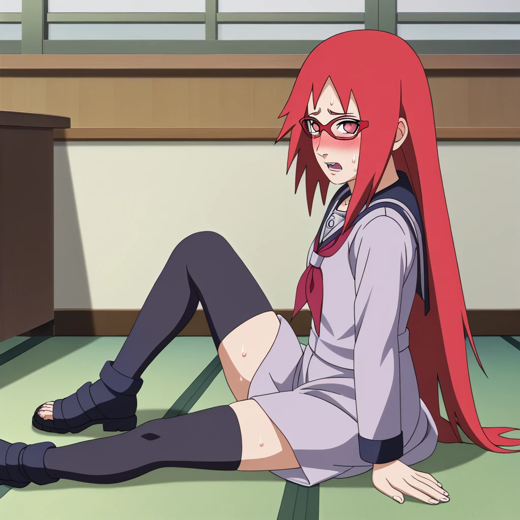 Red hair, 1 Girl, Glasses, Long hair, Red Eyes, Solitary, Sailor Suit，Umbilical cord, Looking at the audience，No students, Japanese cartoons screencap, Japanese cartoons coloring,src_Japanese cartoons,Naruto \(series\), Naruto shippuuden,（（blush，nervous，Vision，living room，Sitting on the floor，））masterpiece， absurd ， （Intricate details）， （Colorful）， light， Extremely detailed CG unity 8k wallpaper ，1 Girl， solo，（shy，classroom，night，blush，nervous，Sweating，蕾丝dress， ），sweat，blush，blush1.5，Blush，Medium chest，（（dress，Black stockings，）），（dress，Uncomfortable expression，Mouth open，spit）