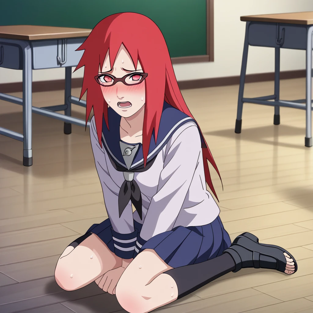 Red hair, 1 Girl, Glasses, Long hair, Red Eyes, Solitary, Sailor Suit，Umbilical cord, Looking at the audience，No students, Japanese cartoons screencap, Japanese cartoons coloring,src_Japanese cartoons,Naruto \(series\), Naruto shippuuden,（（blush，nervous，Vision，living room，Sitting on the floor，））masterpiece， absurd ， （Intricate details）， （Colorful）， light， Extremely detailed CG unity 8k wallpaper ，1 Girl， solo，（shy，classroom，night，blush，nervous，Sweating，蕾丝dress， ），sweat，blush，blush1.5，Blush，Medium chest，（（dress，Black stockings，）），（dress，Uncomfortable expression，Mouth open，spit）