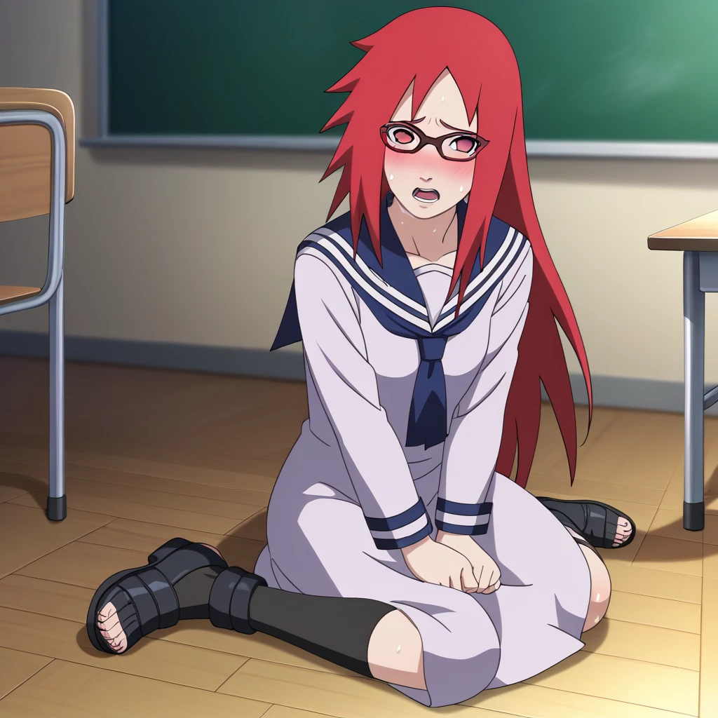 Red hair, 1 Girl, Glasses, Long hair, Red Eyes, Solitary, Sailor Suit,Umbilical cord, Looking at the audience,No students, Japanese cartoons screencap, Japanese cartoons coloring,src_Japanese cartoons,Naruto \(series\), Naruto shippuuden,((blush,nervous,Vision,living room,Sitting on the floor,))masterpiece, absurd , (Intricate details), (Colorful), light, Extremely detailed CG unity 8k wallpaper ,1 Girl, solo,(shy,classroom,night,blush,nervous,Sweating,蕾丝dress, ),sweat,blush,blush1.5,Blush,Medium chest,((dress,Black stockings,)),(dress,Uncomfortable expression,Mouth open,spit)