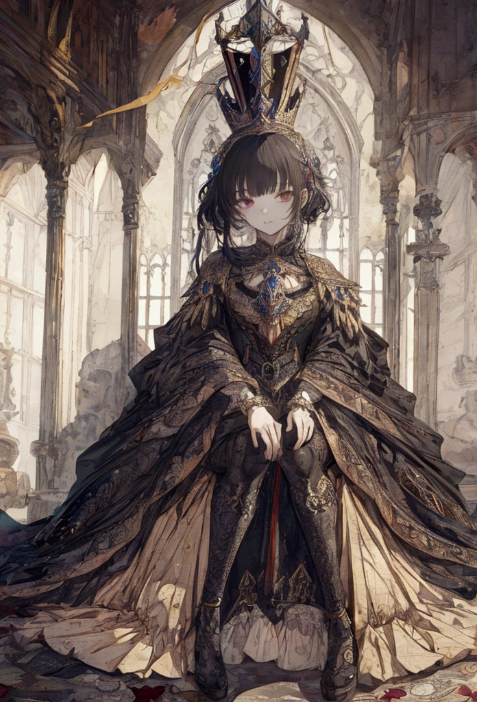 ((masterpiece)), (Highest quality), Official Art, Highly detailed CG, unity 8k wallpaper, Super detailed, View from below、
Highly detailed full body glamour photos by rpgroyalty, Sitting on the throne, Crown, jewelry, tiara, elegant,
palace, Stained glass, Depth of written boundary, Blurred Background, light,