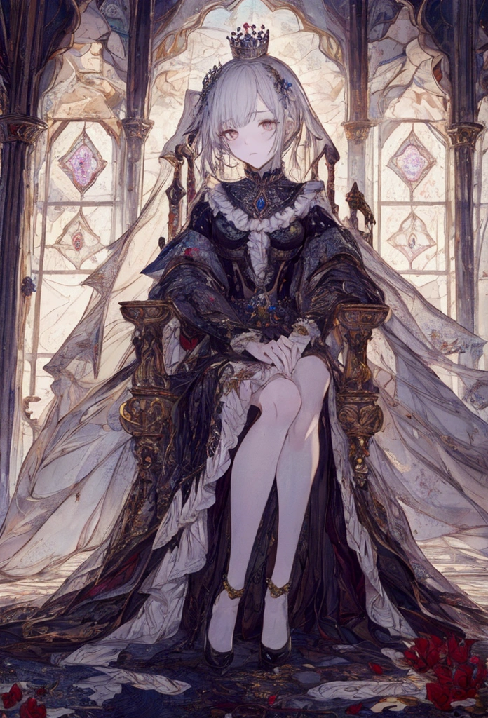 ((masterpiece)), (Highest quality), Official Art, Highly detailed CG, unity 8k wallpaper, Super detailed, View from below、
Highly detailed full body glamour photos by rpgroyalty, Sitting on the throne, Crown, jewelry, tiara, elegant, 
palace, Stained glass, Depth of written boundary, Blurred Background, light, 
 