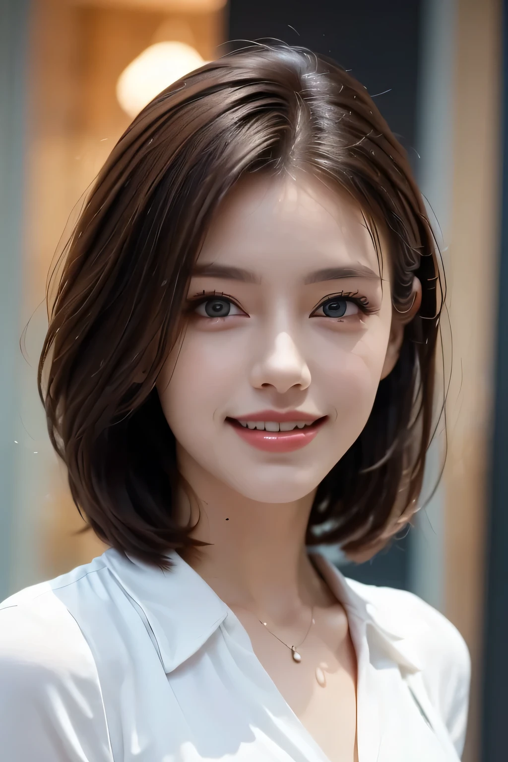 ((masterpiece)), ((Highest quality)), ((Complex)), ((Surreal)), (Realistic), (Mature Woman), ((There are no classes)), Very detailed, (1 female), Beautiful and exquisite, (Beautiful Teeth), Grin, Brunette Bob Hair, Brown eyes, ((blouse)), (Upper Body), (background:none), Perfect Eyes, Captivating eyes, Looking at the audience