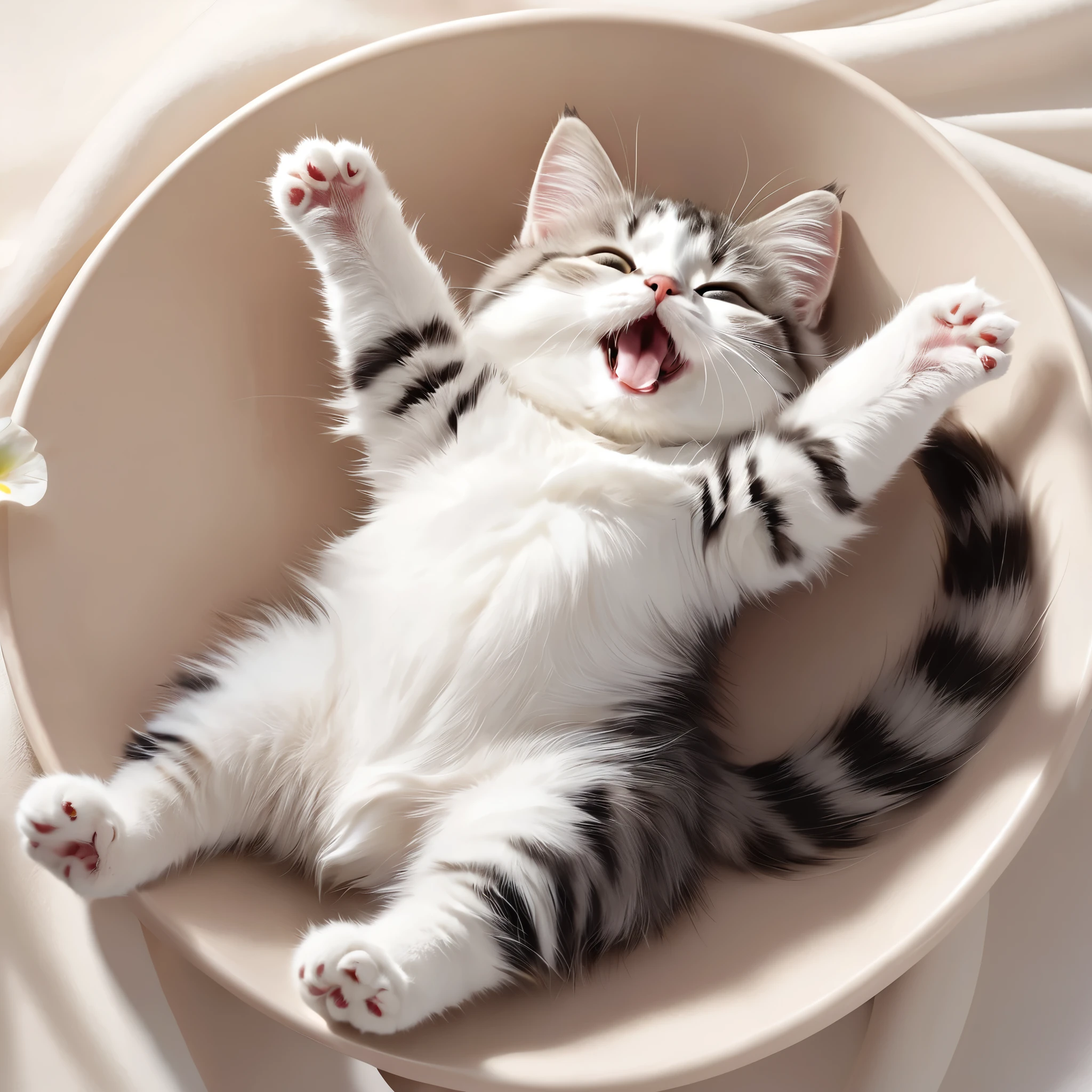 2.5D, delicate and dynamic, cute cat lying on its back, arms and hands wide open, fluffy