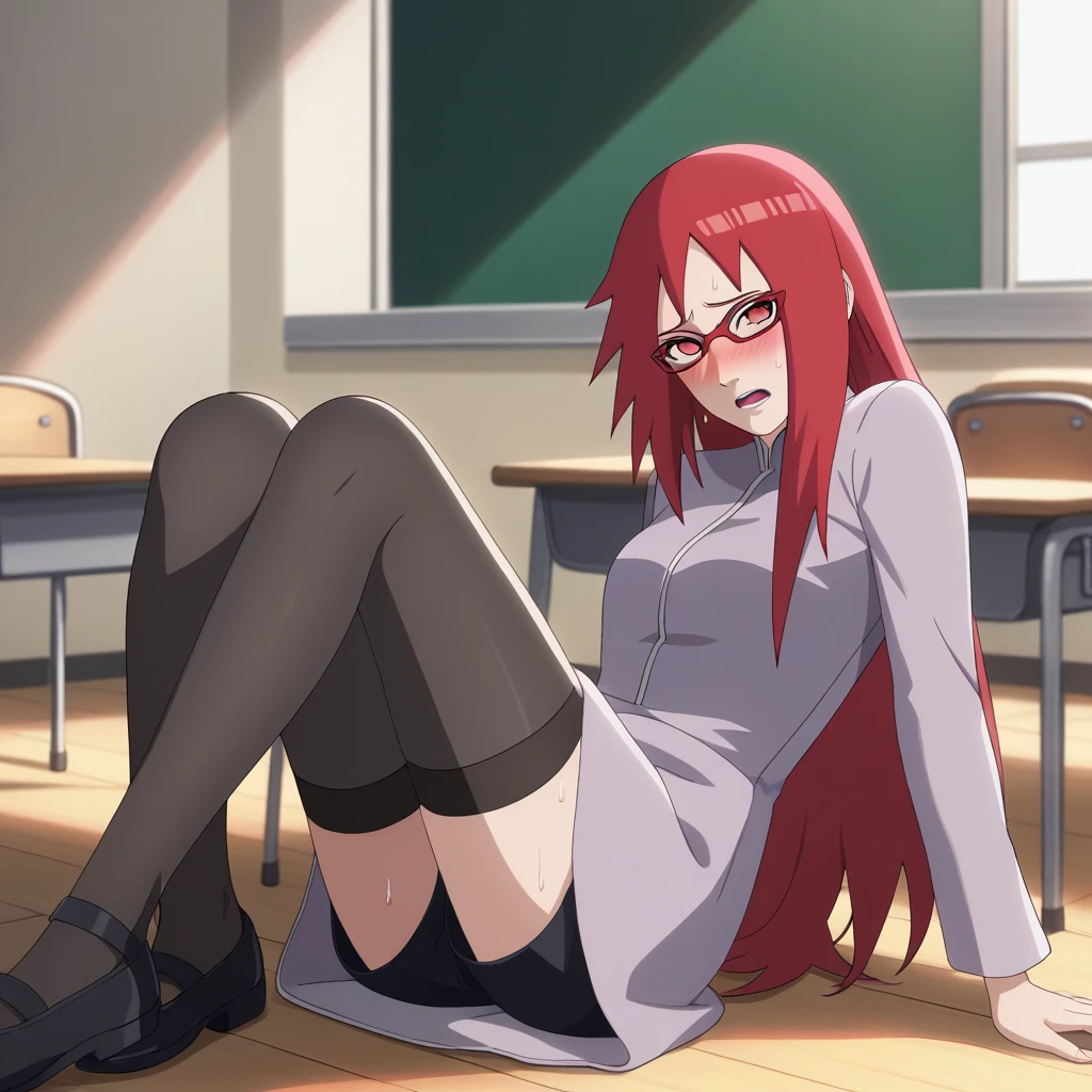 Red hair, 1 Girl, Glasses, Long hair, Red Eyes, Solitary, Long gown, Black over-the-knee stockings, Black shorts, Umbilical cord, Looking at the audience，No students, Japanese cartoons screencap, Japanese cartoons coloring,src_Japanese cartoons,Naruto \(series\), Naruto shippuuden,（（blush，nervous，Vision，classroom，sit on the chair，））masterpiece， absurd ， （Intricate details）， （Colorful）， light， Extremely detailed CG unity 8k wallpaper ，1 Girl， solo，（shy，classroom，night，blush，nervous，Sweating，蕾丝dress， ），sweat，blush，blush1.5，Blush，Medium chest，（（dress，Black stockings，）），（dress，Lying in bed，Uncomfortable expression，Mouth open，spit）