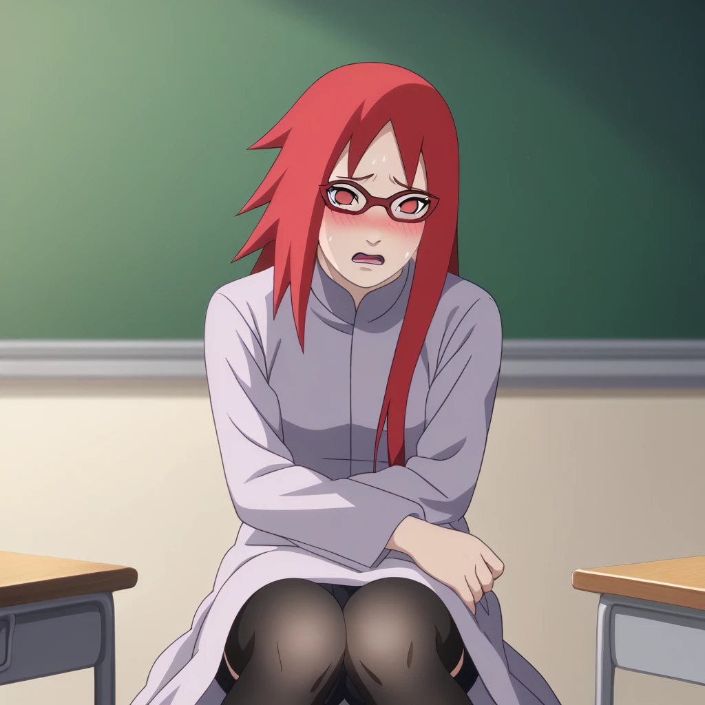 Red hair, 1 Girl, Glasses, Long hair, Red Eyes, Solitary, Long gown, Black over-the-knee stockings, Black shorts, Umbilical cord, Looking at the audience，No students, Japanese cartoons screencap, Japanese cartoons coloring,src_Japanese cartoons,Naruto \(series\), Naruto shippuuden,（（blush，nervous，Vision，classroom，sit on the chair，））masterpiece， absurd ， （Intricate details）， （Colorful）， light， Extremely detailed CG unity 8k wallpaper ，1 Girl， solo，（shy，classroom，night，blush，nervous，Sweating，蕾丝dress， ），sweat，blush，blush1.5，Blush，Medium chest，（（dress，Black stockings，）），（dress，Lying in bed，Uncomfortable expression，Mouth open，spit）