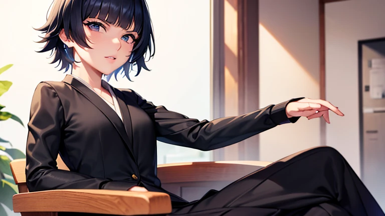 (Best Quality, 1 woman, short hair, black eye, haori negro, sit on the chair
