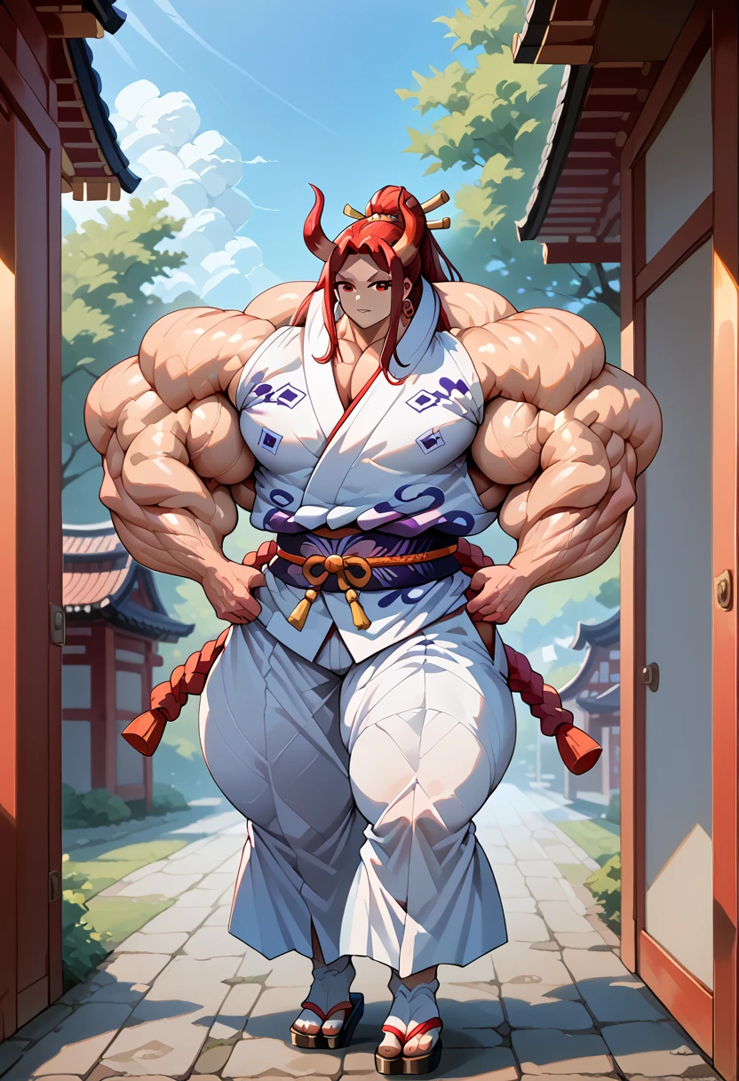 masterpiece, best quality), best resolution, yamato, red oni horns, earrings, hair stick, bare shoulders, japanese clothes, kimono, rope, sleeveless kimono, shimenawa, high ponytail, extreme muscular body, full body.