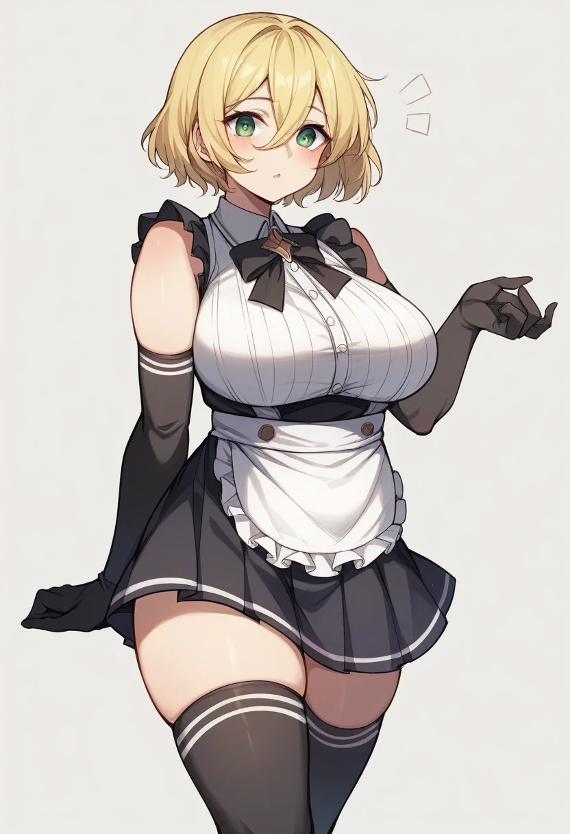 (One girl)、(bob cut)、((Blonde))、（Sato Air）、slan eyes、((boyish))、cute、(Big super breasts)、[Chubby]、Maid clothes、No sleeve、mini skirt、White sleeveless、((hairs between eyes))、thigh-high socks thighhighs、(long gloves)、(flipped hair)、green eye、(say)、arm behind back、White Background、