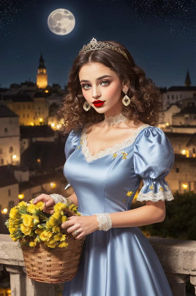 ( yellow dress with puff sleeves square neckline with lace details) (flower tiara for light brown curly hair) (big lips red lipstick piercing blue eyes) (holds basket of flowers) (in the night background with many stars and full moon) (Middle Ages City Background) (She is wearing a dress with gypsy decorations and ruffled lace..)