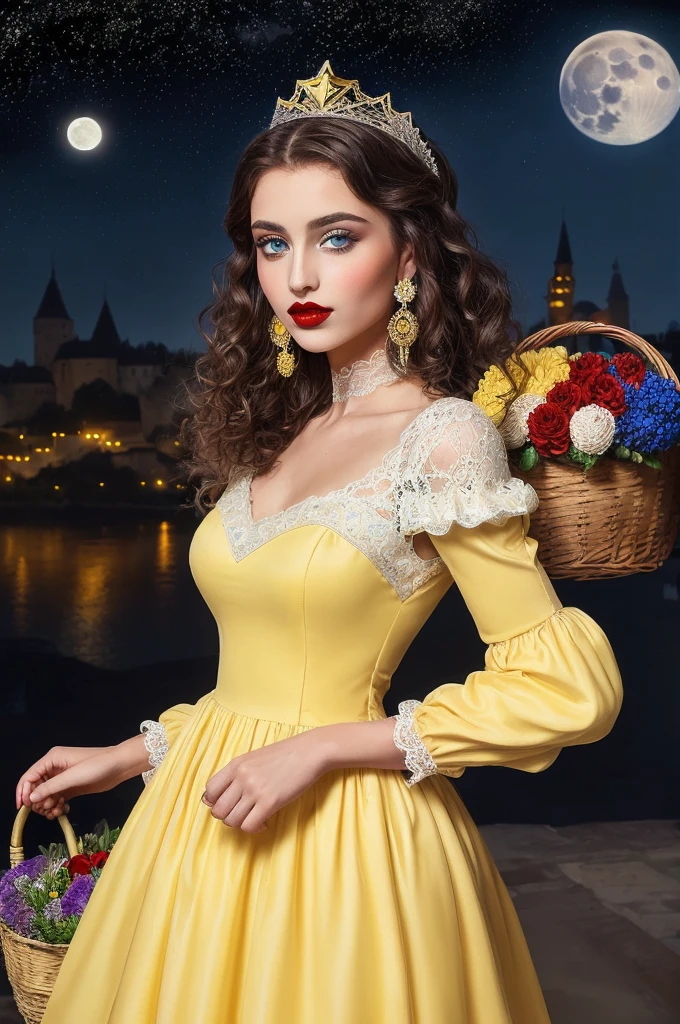 ( yellow dress with puff sleeves square neckline with lace details) (flower tiara for light brown curly hair) (big lips red lipstick piercing blue eyes) (holds basket of flowers) (in the night background with many stars and full moon) (Middle Ages City Background) (She is wearing a dress with gypsy decorations and ruffled lace..)