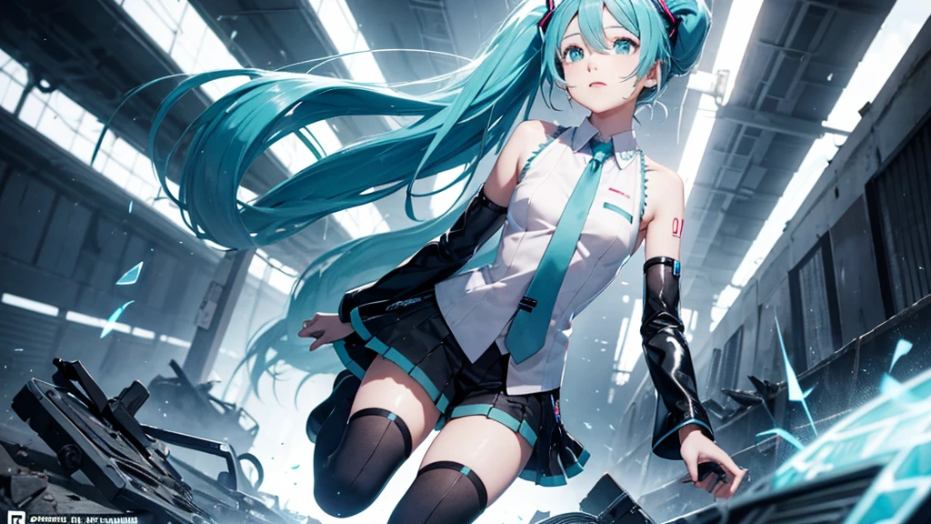 Hatsune Miku、With falling sparks on the background of a ruined city、Heavy metal style cover image。