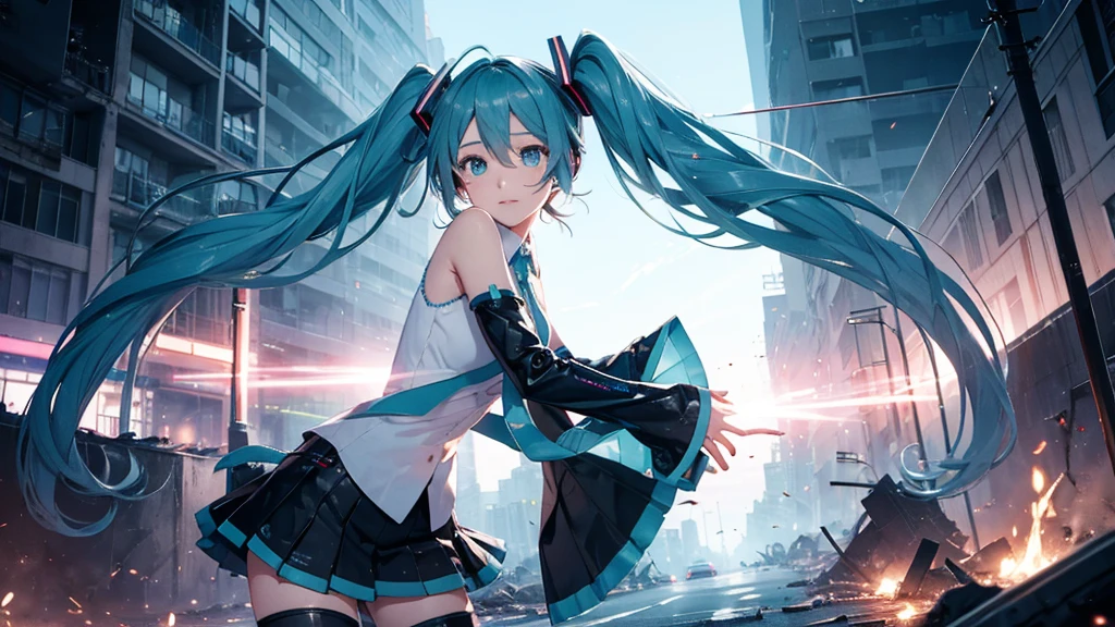 Hatsune Miku、With falling sparks on the background of a ruined city、Heavy metal style cover image。