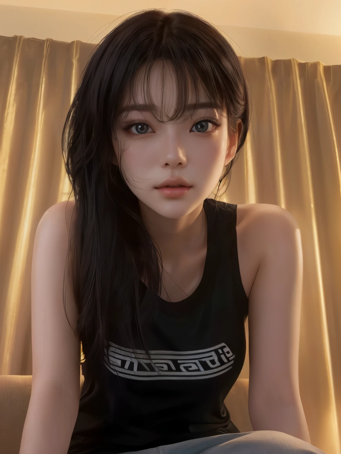 there is a woman sitting on a couch with a black shirt, [ 4 k photorealism ]!!, [ 4 k photorealism ]!!!, soft portrait shot 8 k, 8k selfie photograph, 8k artgerm bokeh, 8k portrait render, realistic anime 3 d style, young adorable korean face, korean girl, she is facing the camera