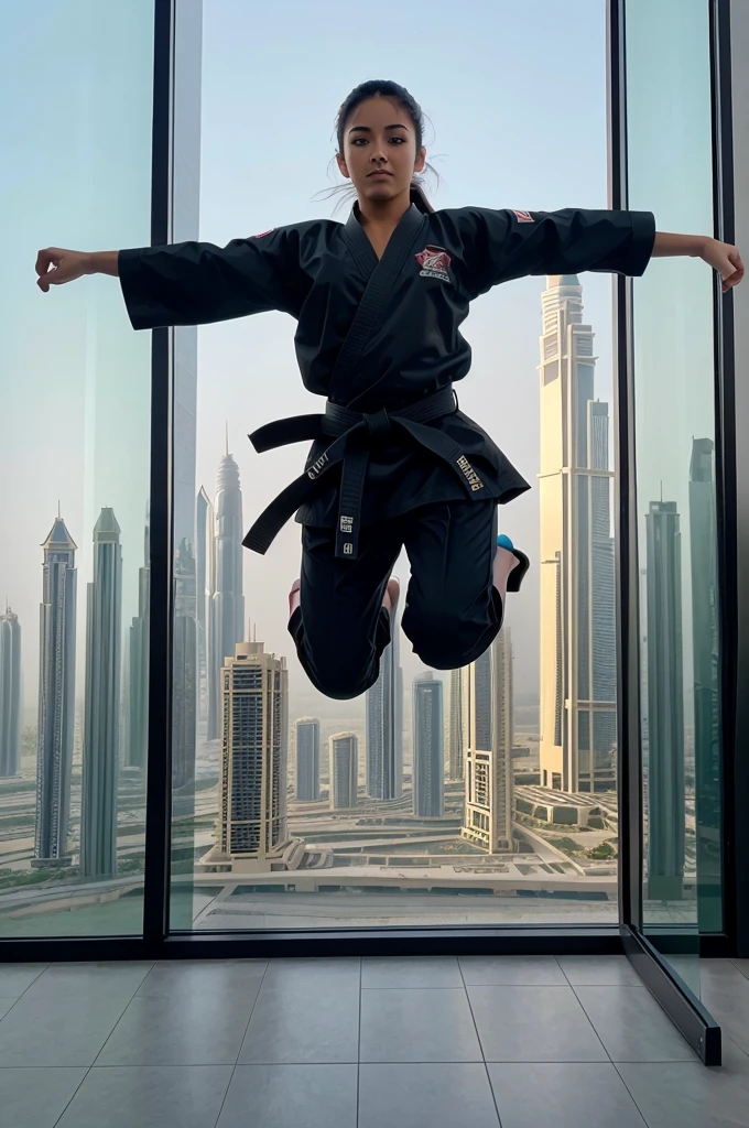 A karate girl with blackbelt in karate outfit. Jumping in air and doing a front kick. Glass wall in background with beautiful morning view of Dubai.