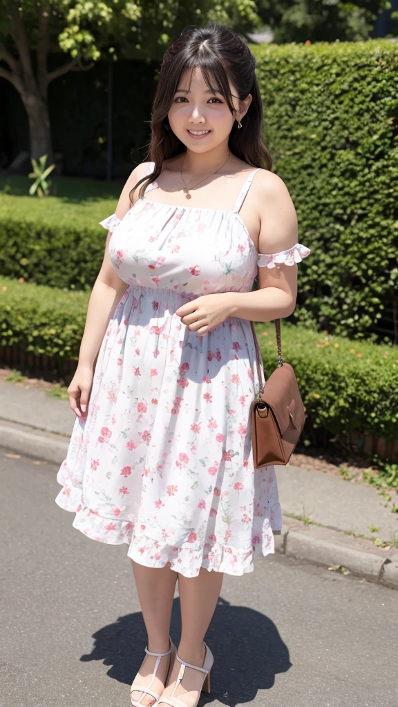 A beautiful and hot almost chubby mature woman.who is wearing a patterned short dress and is and standing in the park. A smiling face、sexy woman、A radiant smile、adorable、race、Frills、Colorful design、Full-length mirror、An inviting gaze、Gorgeous long and beautiful hairstyle、color々Hairstyle、Open neck blouse、エレガントなスタイル