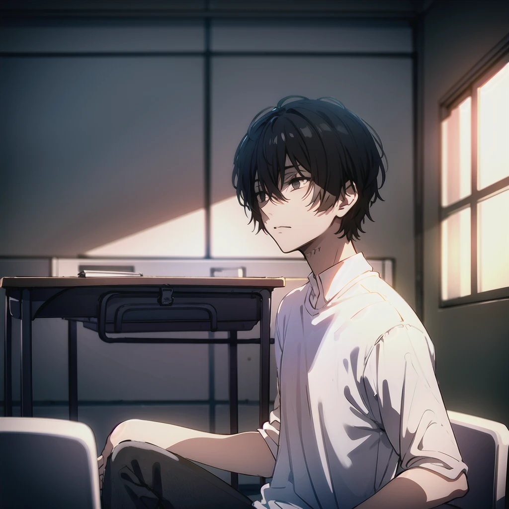 ((best quality)), ((masterpiece)), (detailed), 1boy,, bored look, blank look, disinterested look, resting on desk, school chair, empty classroom, black hair, black eyes, sketch, alone, short hair. half body, face, gloomy, dark eyes, illustration, solo.