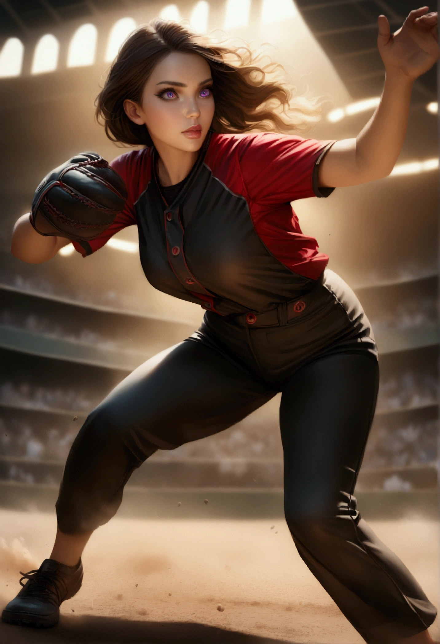 busty baseball player in baseball uniforms, big breasts, ultra-realistic, photorealistic, highly detailed, 8k, best quality, masterpiece, realistic skin texture, extreme detail, muscular female athlete, dynamic pose, action, baseball uniform, baseball diamond background, dramatic lighting, vibrant colors, cinematic composition
