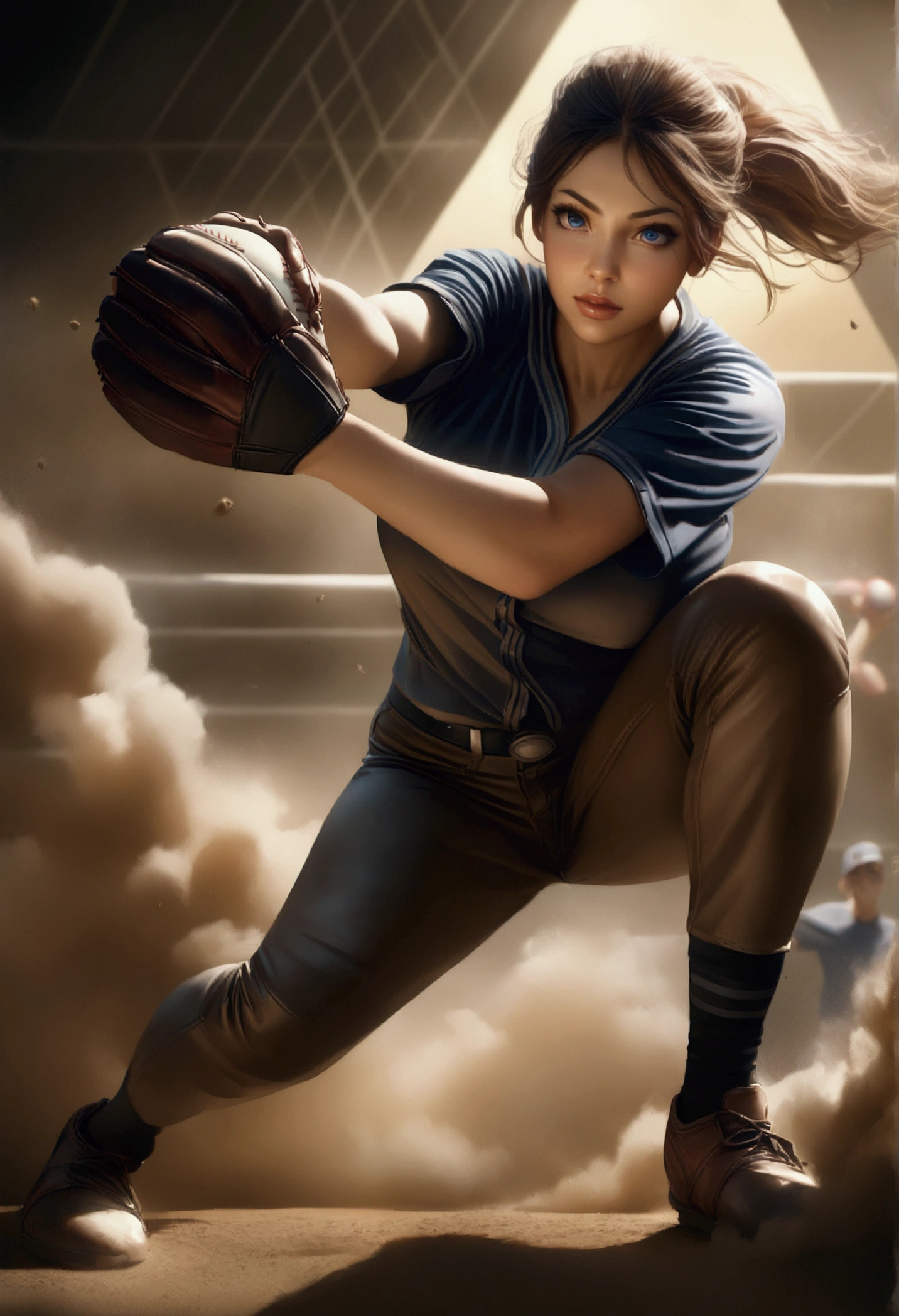 busty baseball player in baseball uniforms, big breasts, ultra-realistic, photorealistic, highly detailed, 8k, best quality, masterpiece, realistic skin texture, extreme detail, muscular female athlete, dynamic pose, action, baseball uniform, baseball diamond background, dramatic lighting, vibrant colors, cinematic composition