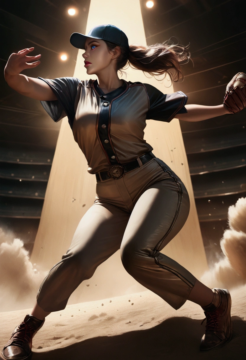 busty baseball player in baseball uniforms, big breasts, ultra-realistic, photorealistic, highly detailed, 8k, best quality, masterpiece, realistic skin texture, extreme detail, muscular female athlete, dynamic pose, action, baseball uniform, baseball diamond background, dramatic lighting, vibrant colors, cinematic composition
