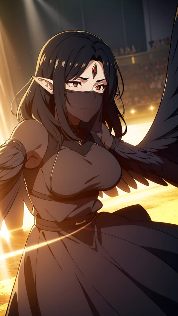 ((1woman,mature female,40s)),sensual,black dress,black hair,pointy ears,harpy,wings,no arms,(black mouth veil),((in a arena of battle,sunlight)),dancing,dynamic angle, close up