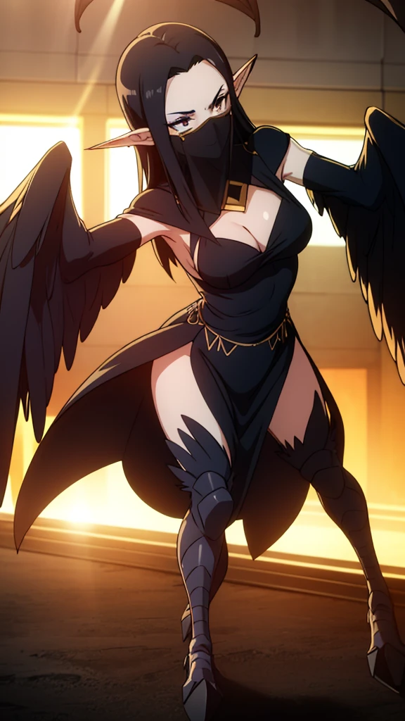 ((1woman,mature female,40s)),sensual,black dress,black hair,pointy ears,harpy,wings,no arms,(black mouth veil),((in a arena of battle,sunlight)),dancing,dynamic angle, close up