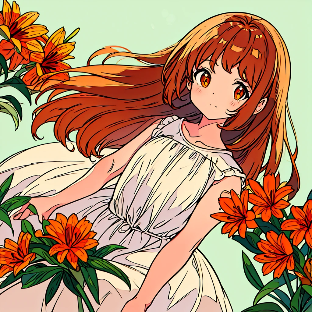 Orange plain background, lily flower, girl in white dress, brown hair, summer, nostalgic, simple