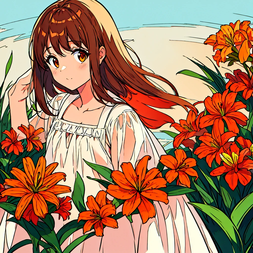 Orange plain background, lily flower, girl in white dress, brown hair, summer, nostalgic, simple