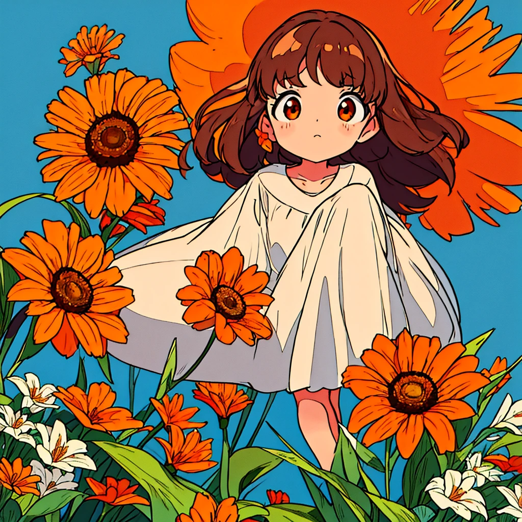 Orange plain background, lily flower, girl in white dress, brown hair, summer, nostalgic, simple