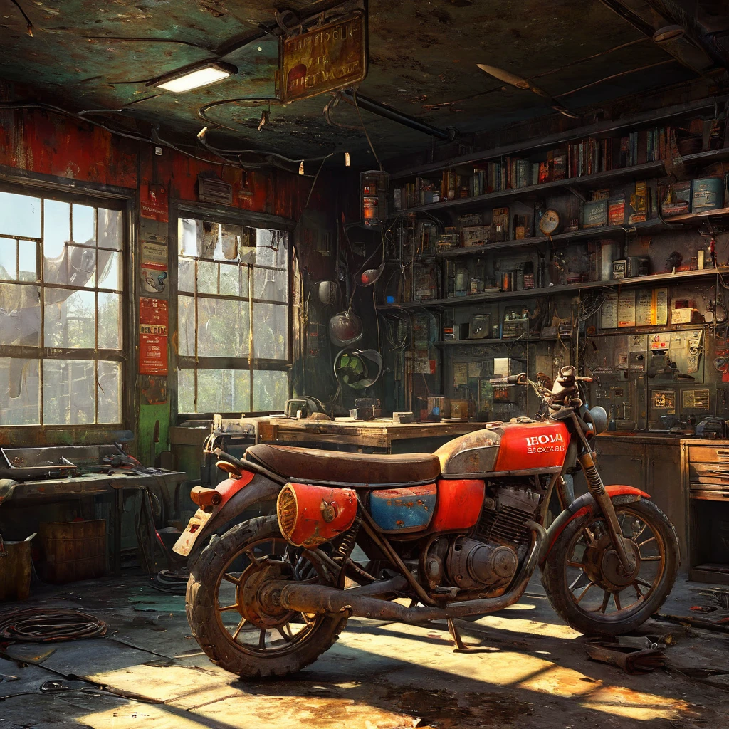 Highest quality, 4K, 8K, High resolution, masterpiece:1.2, Super detailed, Realistic:1.37, High resolution, 超High resolution, Studio Lighting, Ultra-fine painting, Sharp focus, Physically Based Rendering, Very detailed explanation, Professional, Vibrant colors, Bokeh, Portraiture 《FallOut4》Red Rocket Repair Station in the game, Rusty metal walls and ceiling, Flickering fluorescent lights, Scattered tools and spare parts, A worn workbench covered in oil stains, Dusty workbench filled with computer circuit boards and wires, Repair manuals are piled up in a disorganized fashion, Radio with noise, ((A vintage Honda 400 with a broken engine)), A tattered flag hanging from the ceiling, A small window covered in dirt, A sign that says "Welcome to the Repair Station", Nuclear reactor poster with warning signs, Old coffee mug with faded logo, Graffiti on the wall、It depicts a mutated creature.、The color scheme is desaturated.。, Calm colors, Expressing the post-apocalyptic world in a soft way, dim lighting from the Flickering fluorescent lights, Casts spooky shadows on walls and objects