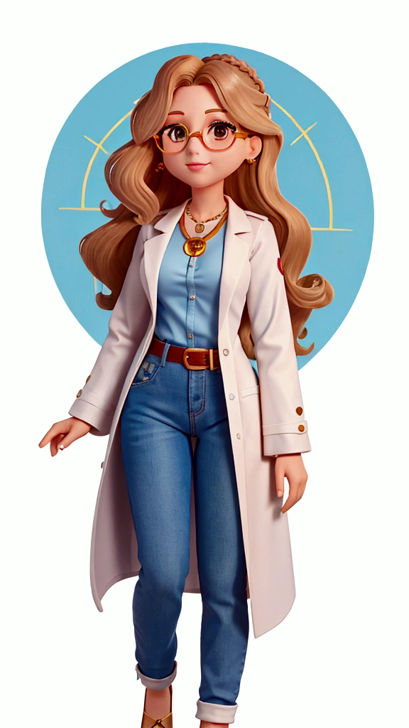 Create a character named Olivia, a 40-year-old aromatherapist specializing in essential oils, with 1,70 meters high and 60kg, white. golden blonde with wavy hair. side hairstyle, at shoulder height, Brown eyes , wears round brown glasses, she is gentle and delicate, wears a light blue shirt, blue jeans with a brown belt and a white long-sleeved doctor's coat. she has a golden wedding ring on her left ring finger and wears a necklace with a golden crucifix. make her look at the camera, com fundo branco.