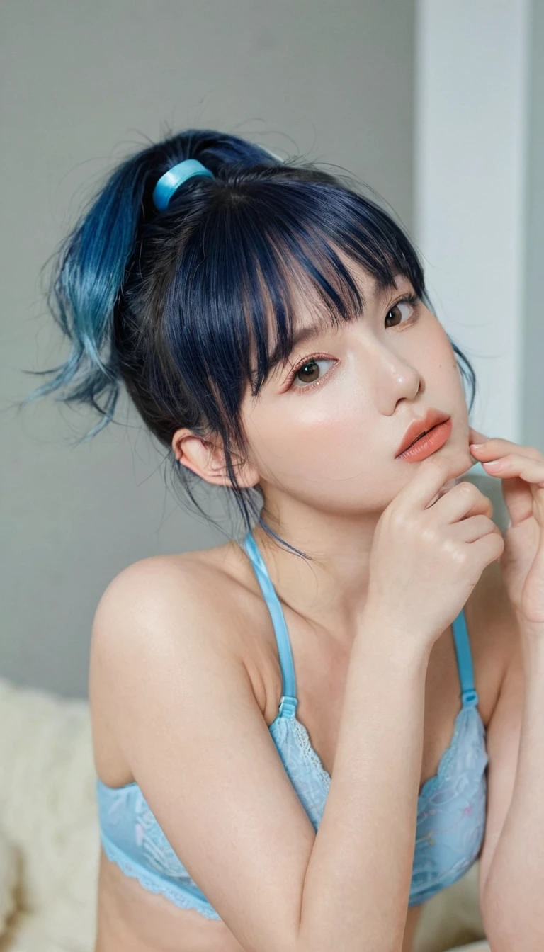 in the room, underwear, blush, Focus on the face, Bangs, Hair ring, Blue Hair