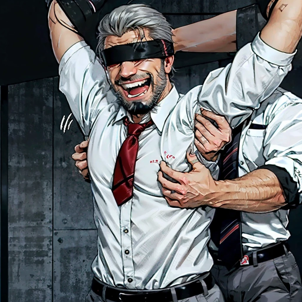 , grey haired bearded handsome muscular man wearing an open button White shirt and red tie and grey pants laughing,gagged ,hands above head tied up, blindfolded, blushing face, , armpits tickling by hands, ribs tickling by hands, armpits scratched by hands, armpits poked by hands, tickle, tickling,hand all over body, office background 